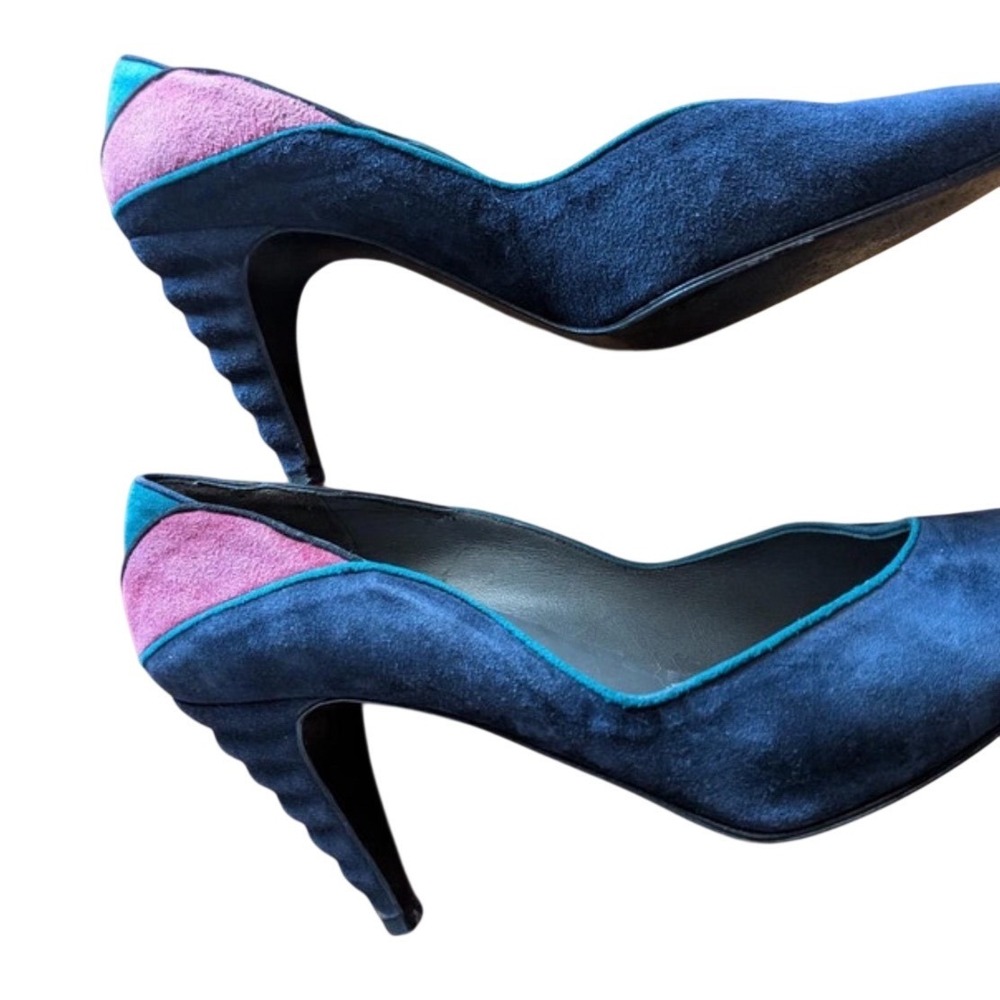 Timothy's Collection Vintage Suede Sculptural Heel Color Block Pumps Navy Pink 8